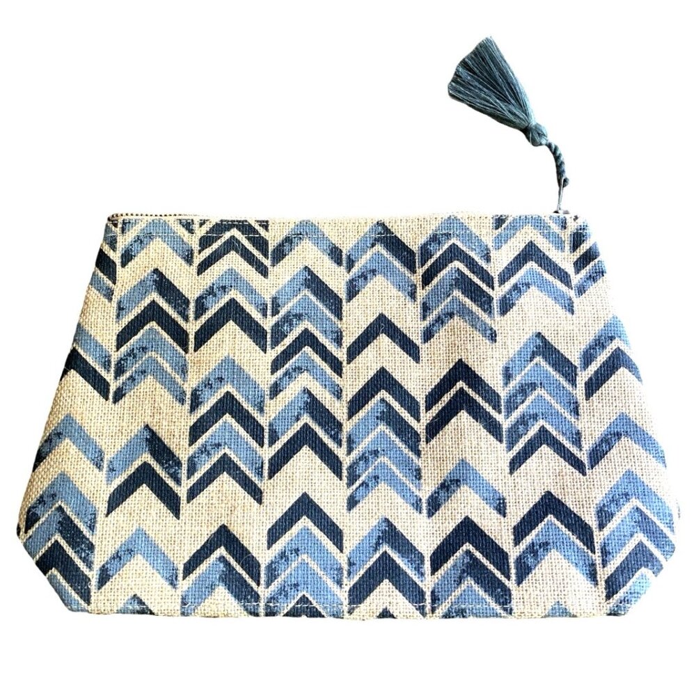 Neiman Marcus Chevron Cosmetic Bag Blue Beige Jute Zip Tassel Travel Makeup
